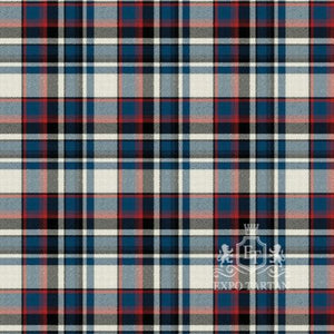 Men's Quebec Centennial Ancient Tartan Kilt showing a blue and cream sett intersected by black and red lines