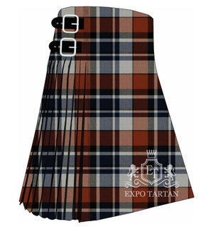 Men's Quebec Centennial Dress Tartan Kilt showing traditional knife pleats in a rust-red and navy blue sett with wide light grey bands and a fine white overcheck