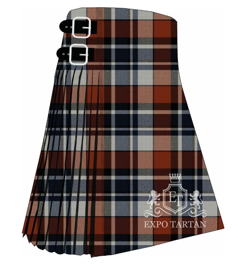 Men's Quebec Centennial Dress Tartan Kilt showing traditional knife pleats in a rust-red and navy blue sett with wide light grey bands and a fine white overcheck