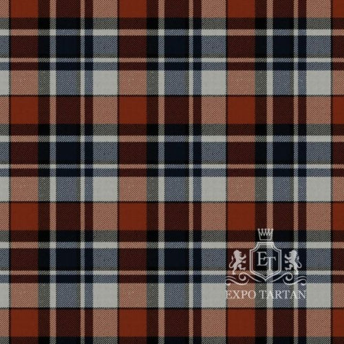 Men's Quebec Centennial Dress Tartan Kilt showing a rust-red and navy blue sett with wide light grey bands and a fine white overcheck