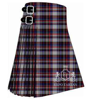 Quebec Centennial Tartan kilt fabric  by Expo Tartan, featuring a traditional grey base with navy, black, white, and red plaid pattern