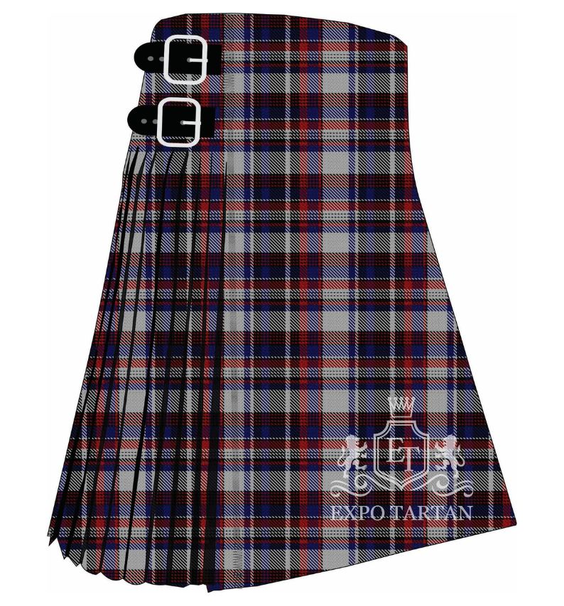 Quebec Centennial Tartan kilt fabric  by Expo Tartan, featuring a traditional grey base with navy, black, white, and red plaid pattern
