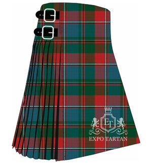 A traditional Scottish kilt in the Quebec Provincial Ancient tartan, featuring a bold red background with intersecting navy blue and forest green bands