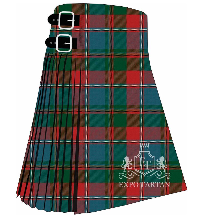 A traditional Scottish kilt in the Quebec Provincial Ancient tartan, featuring a bold red background with intersecting navy blue and forest green bands