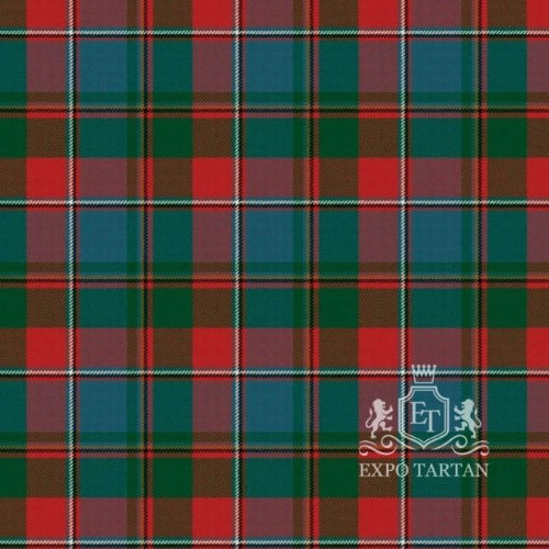 A traditional Scottish kilt Swatch in the Quebec Provincial Ancient tartan, featuring a bold red background with intersecting navy blue and forest green bands