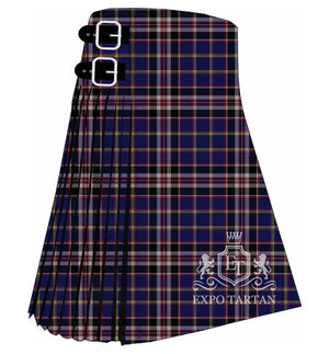Men's Queen Mary RMS Tartan Kilt showing traditional knife pleats in a deep navy blue and black sett with grey, white, red, and golden-yellow intersecting lines