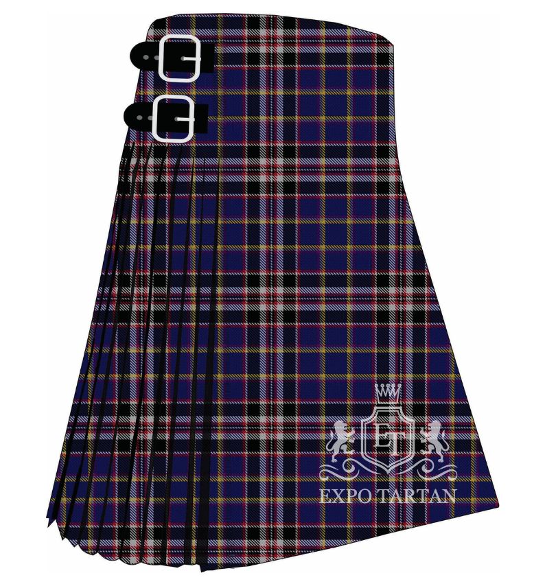 Men's Queen Mary RMS Tartan Kilt showing traditional knife pleats in a deep navy blue and black sett with grey, white, red, and golden-yellow intersecting lines