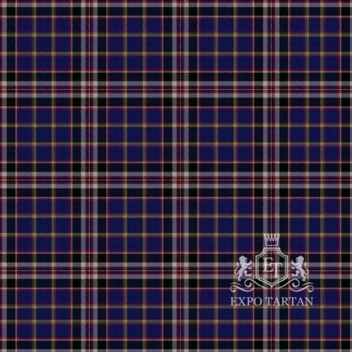 Men's Queen Mary RMS Swatch showing a deep navy blue and black sett with grey, white, red, and golden-yellow intersecting lines.