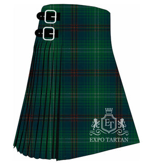 Men's Queensferry District Ancient Tartan Kilt showing traditional knife pleats in a deep forest green and navy blue sett intersected by red bands and a fine white overcheck