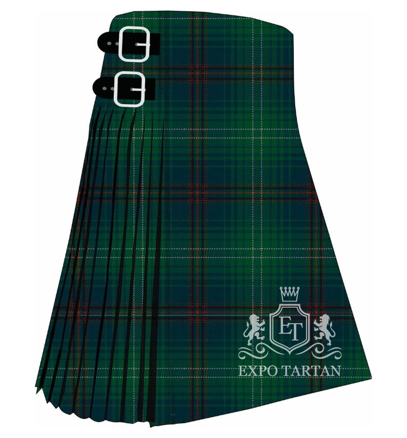 Men's Queensferry District Ancient Tartan Kilt showing traditional knife pleats in a deep forest green and navy blue sett intersected by red bands and a fine white overcheck