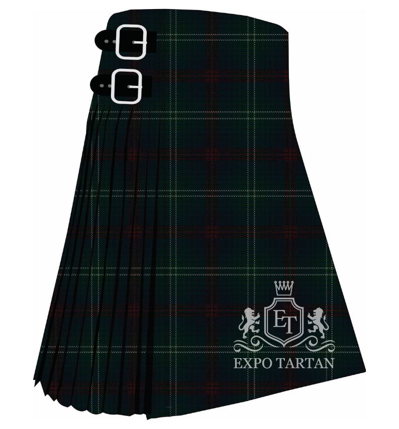 Men's Queensferry District Tartan Kilt showing traditional knife pleats in a deep forest green and midnight navy blue sett, intersected by dark red bands and a fine light-colored overcheck