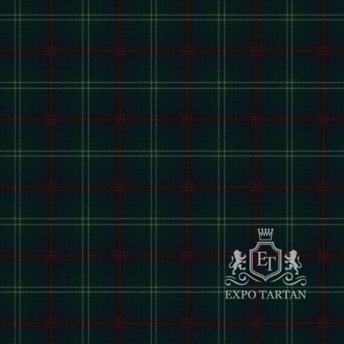 Men's Queensferry District Tartan Swatch showing a deep forest green and midnight navy blue sett, intersected by dark red bands and a fine light-colored overcheck