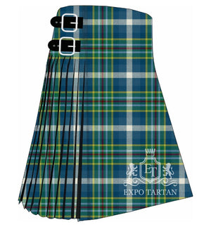 Men's Queensland District Ancient Tartan Kilt showing traditional knife pleats in a royal blue and green sett, intersected by bold white lines, golden-yellow accents, and a fine crimson overcheck
