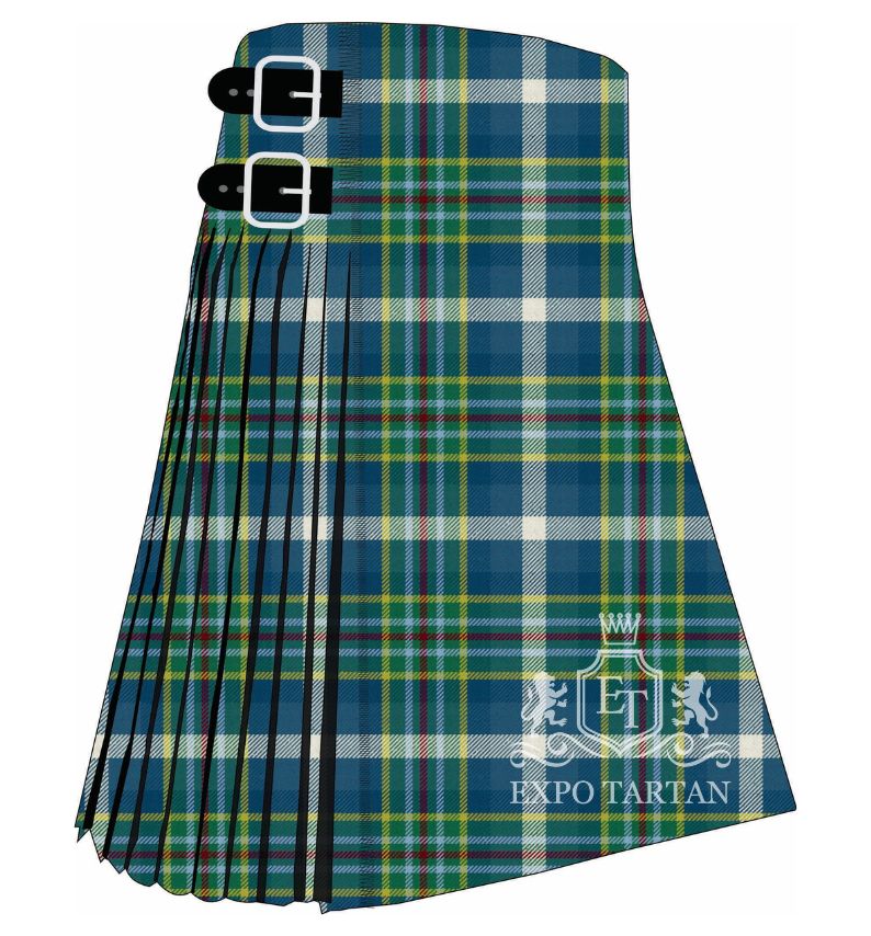 Men's Queensland District Ancient Tartan Kilt showing traditional knife pleats in a royal blue and green sett, intersected by bold white lines, golden-yellow accents, and a fine crimson overcheck