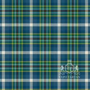 Men's Queensland District Ancient Tartan Swatch showing a royal blue and green sett, intersected by bold white lines, golden-yellow accents, and a fine crimson overcheck