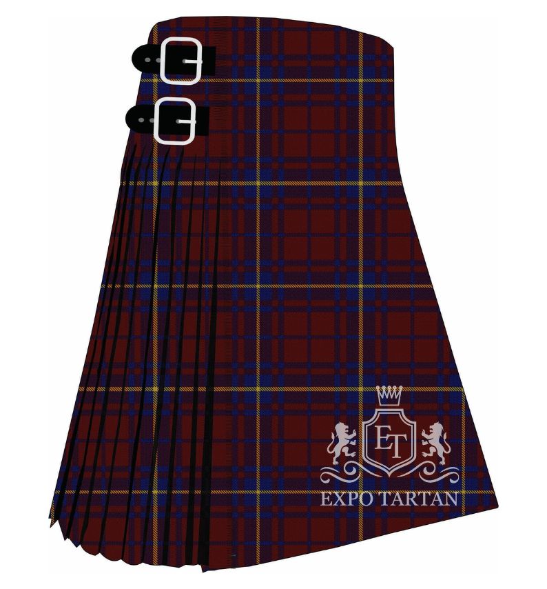 Men's Rajput Tartan Kilt showing traditional knife pleats in a deep burgundy and navy blue sett, intersected by a fine golden-yellow overcheck