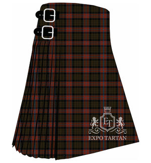 Men's Rangeley Tartan Kilt showing traditional knife pleats in a deep olive green and black sett, intersected by muted rust-red bands and a fine greyish-blue overcheck