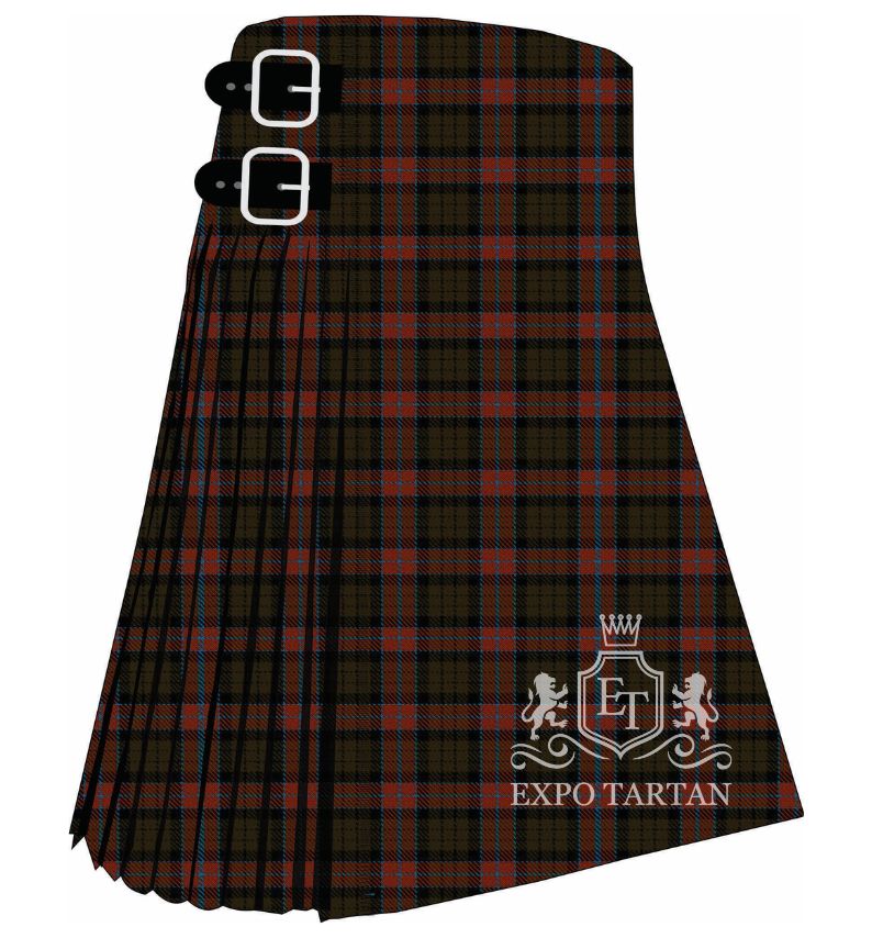 Men's Rangeley Tartan Kilt showing traditional knife pleats in a deep olive green and black sett, intersected by muted rust-red bands and a fine greyish-blue overcheck