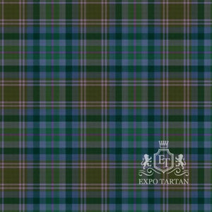 Men's Rannoch Summer Tartan Swatch showing an earthy olive-brown and slate blue sett, intersected by dark forest green bands and a fine vibrant purple overcheck