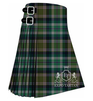 Men's Rannoch Winter Tartan Kilt showing traditional knife pleats in an earthy olive and slate grey sett, intersected by dark green bands and a fine pale lilac overcheck