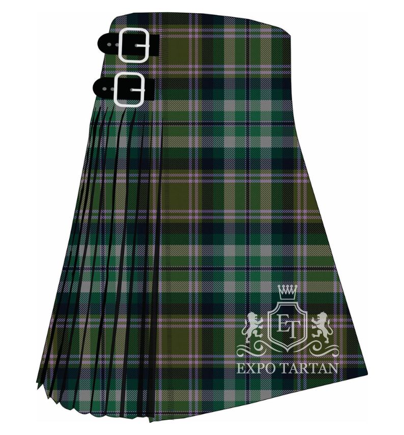 Men's Rannoch Winter Tartan Kilt showing traditional knife pleats in an earthy olive and slate grey sett, intersected by dark green bands and a fine pale lilac overcheck