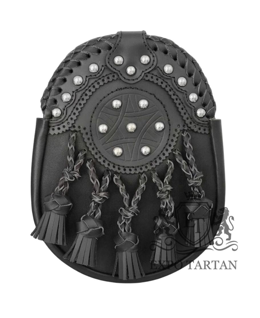 Real Black Leather Kilt Sporran Premium Quality Chrome Finish