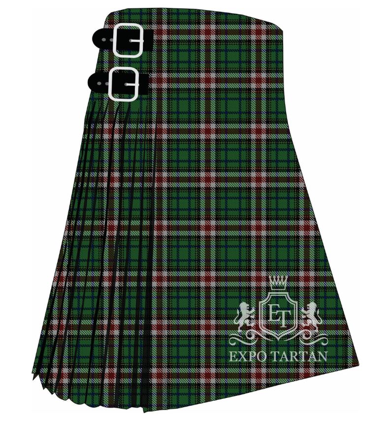 Custom Red Deer City Tartan Kilt featuring a dark green, black, red, and white plaid pattern by Expo Tartan
