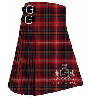 Men's Red Lichtie Tartan Kilt showing traditional knife pleats in a bright red and deep burgundy sett, intersected by dark bands and a golden-yellow overcheck