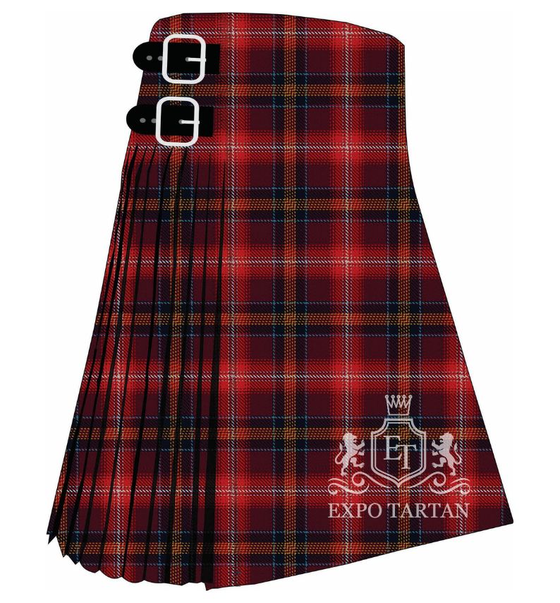 Men's Red Lichtie Tartan Kilt showing traditional knife pleats in a bright red and deep burgundy sett, intersected by dark bands and a golden-yellow overcheck
