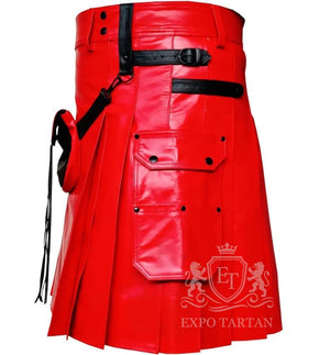 Men's Red & Black Leather Utility Kilt with Sporran