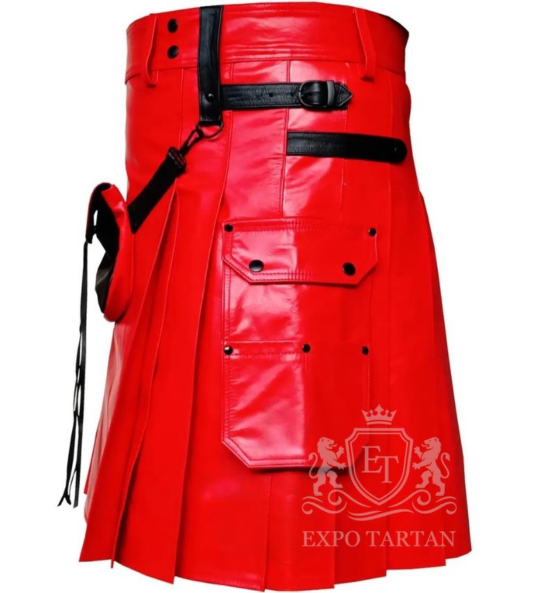 Men's Red & Black Leather Utility Kilt with Sporran