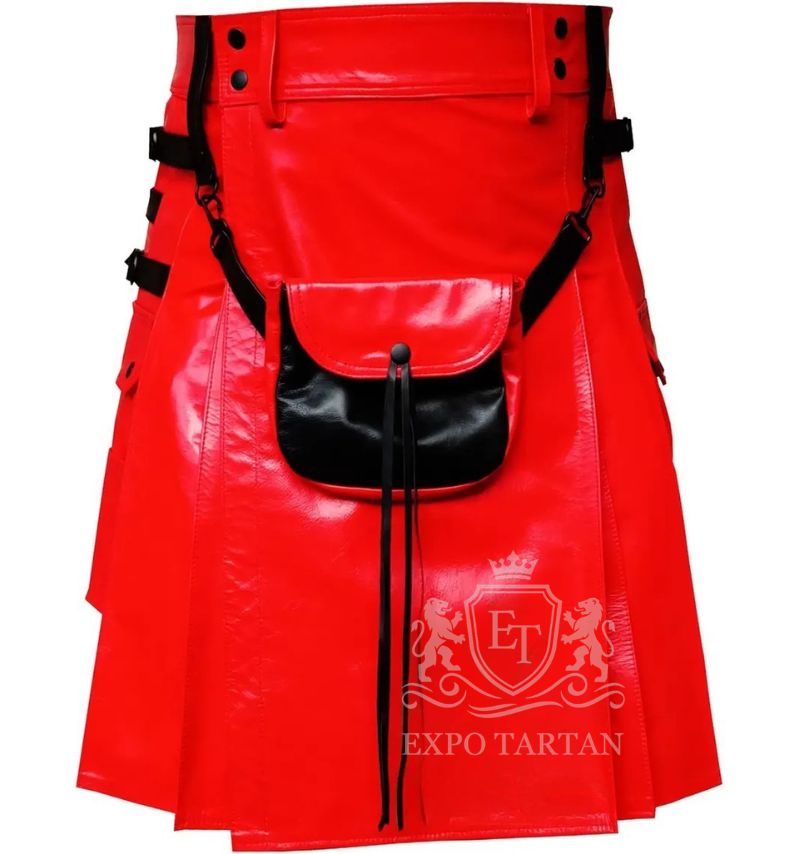 Men's Red & Black Leather Utility Kilt with Sporran