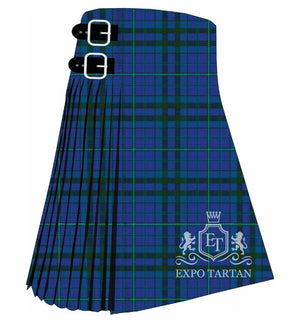 Men's Reflections of the Sea Tartan Kilt showing traditional knife pleats in a royal blue sett, vividly intersected by dark green bands and a fine bright emerald green overcheck