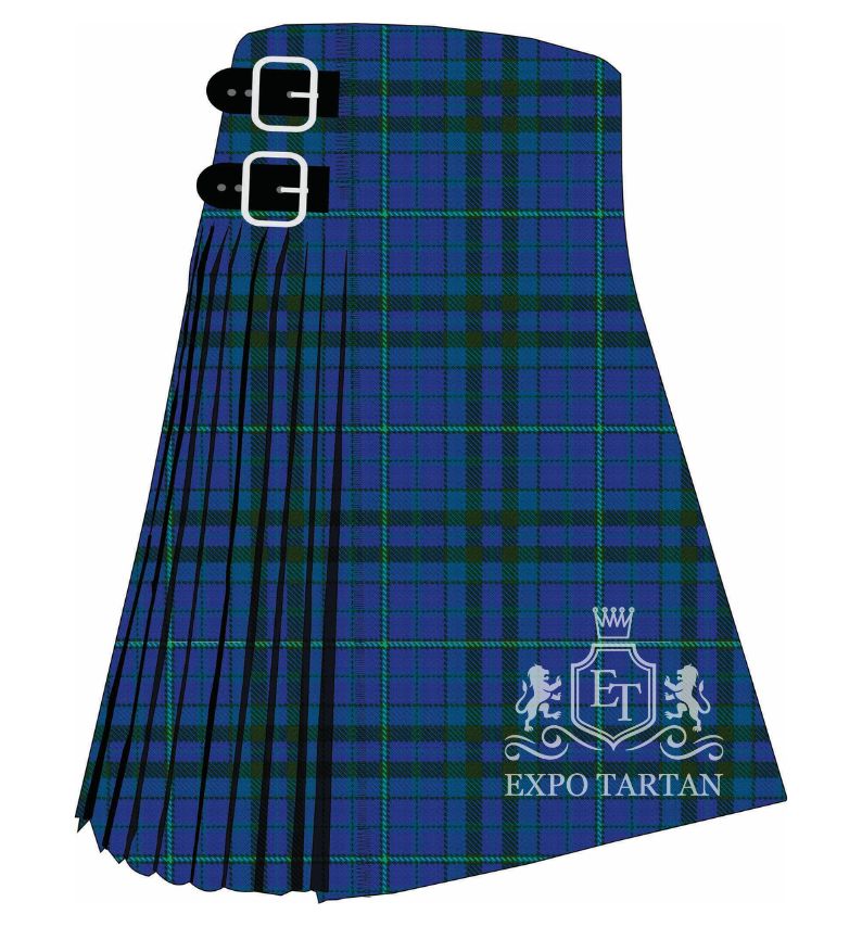 Men's Reflections of the Sea Tartan Kilt showing traditional knife pleats in a royal blue sett, vividly intersected by dark green bands and a fine bright emerald green overcheck