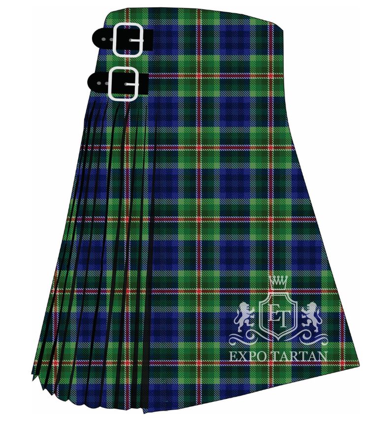 Men's Reid Mill City Tartan Kilt showing traditional knife pleats in a river blue and forest green sett, intersected by dark bands and a crimson and white overcheck