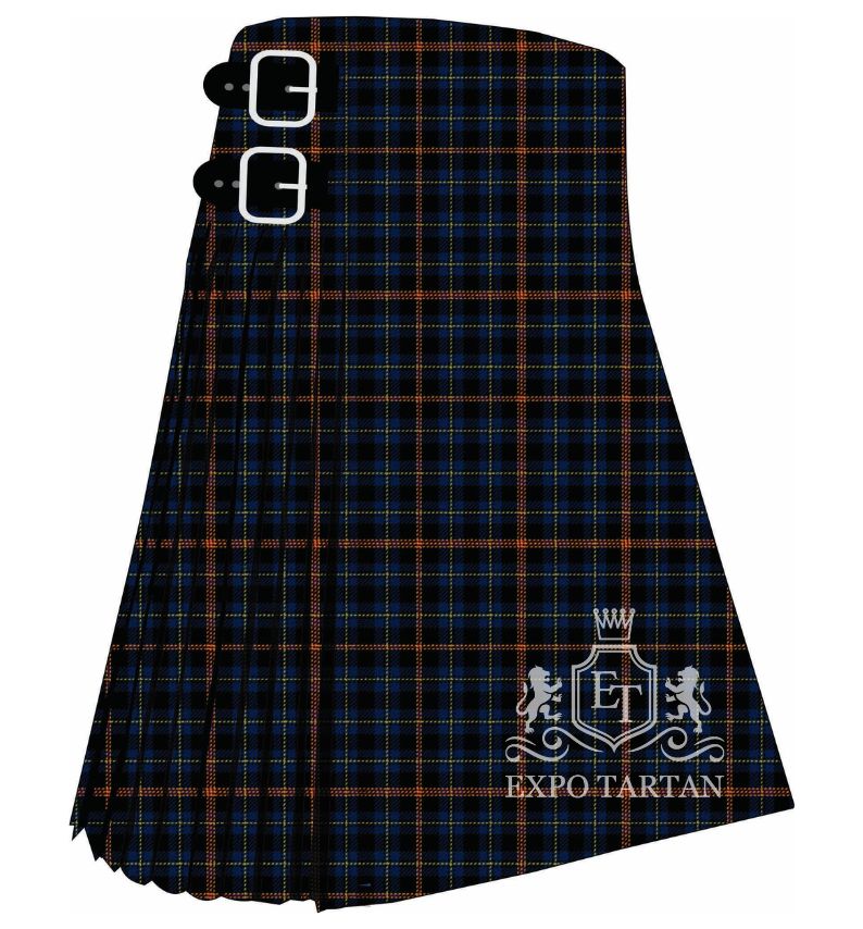 Men's City of Rome Tartan Kilt showing traditional knife pleats in a deep black and navy blue sett, intersected by bright orange bands and fine yellow lines