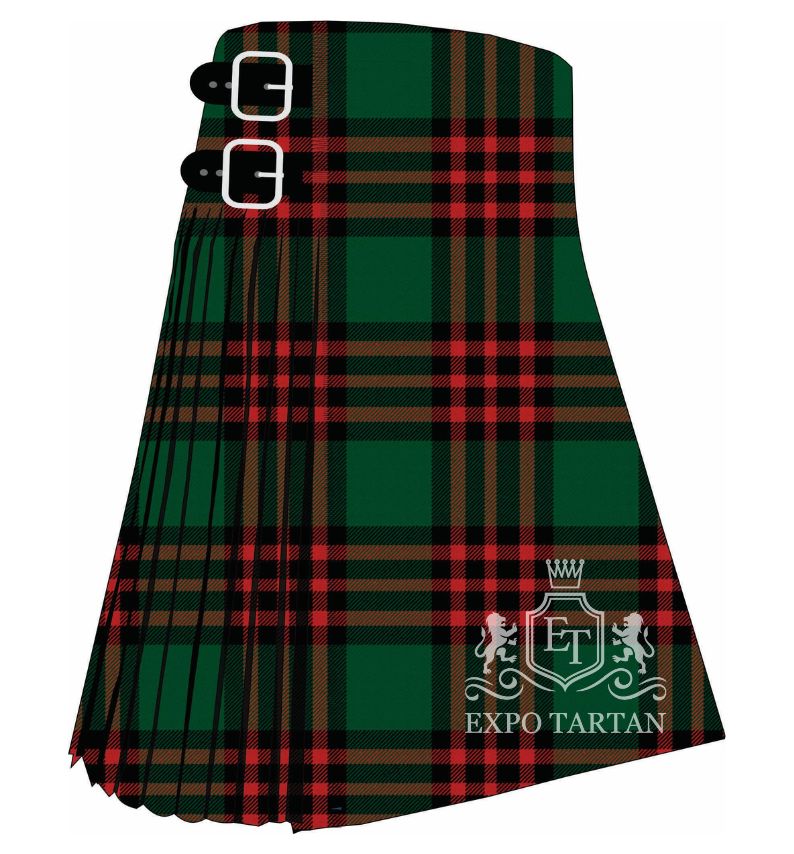 Men's Romsdal Norway Ancient Tartan Kilt showing traditional knife pleats in a rich forest green sett, intersected by thick black bands and prominent red lines