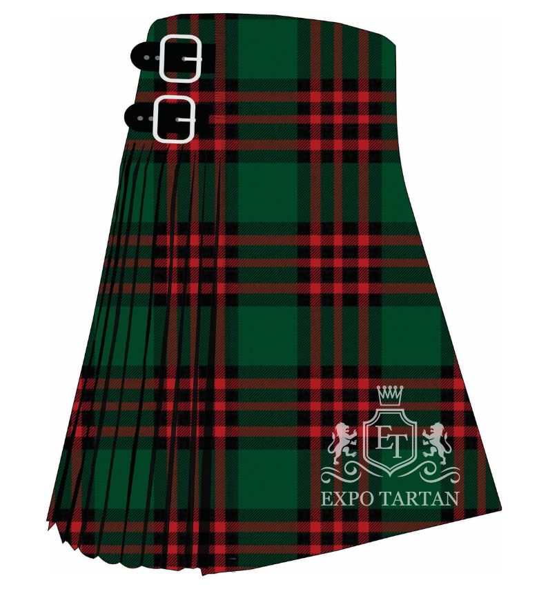 Men's Romsdal Norway Tartan Kilt showing traditional knife pleats in a rich forest green sett, intersected by thick black bands and prominent red lines