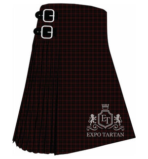 Men's Romsdal Tresfjord Tartan Kilt showing traditional knife pleats in a very dark brown and black sett, intricately intersected by a fine grid of rust-red and blue lines