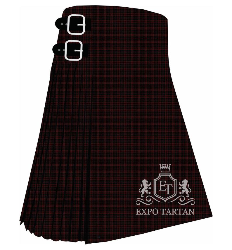 Men's Romsdal Tresfjord Tartan Kilt showing traditional knife pleats in a very dark brown and black sett, intricately intersected by a fine grid of rust-red and blue lines