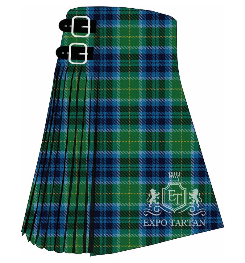 Men's Ronald McDonald House Charities Tartan Kilt showing traditional knife pleats in a bright green and royal blue sett, intersected by dark bands and fine yellow lines