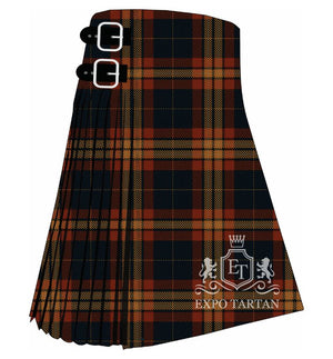 Men's Rothes Tartan Kilt showing traditional knife pleats in a deep black and navy sett, intersected by thick rust-red bands and fine tan lines