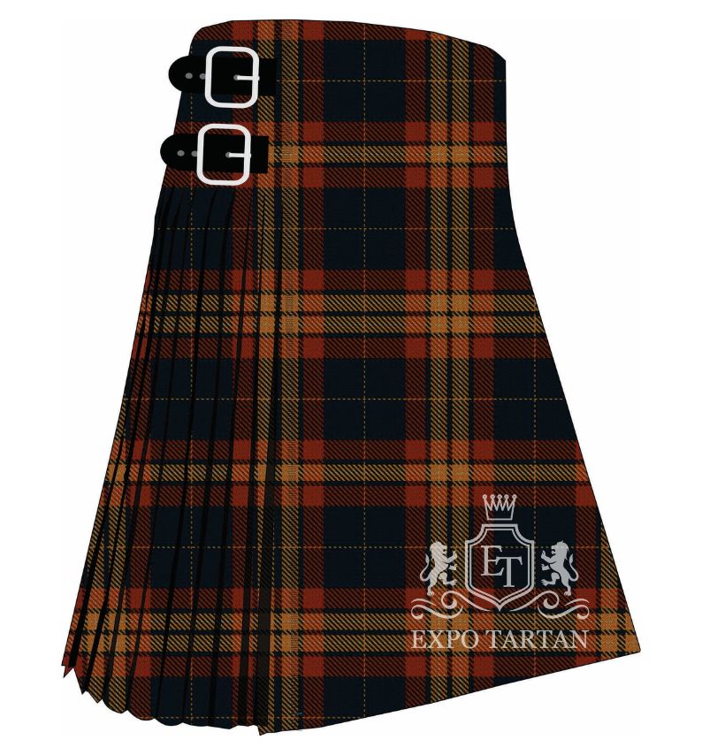 Men's Rothes Tartan Kilt showing traditional knife pleats in a deep black and navy sett, intersected by thick rust-red bands and fine tan lines