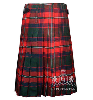 Men's Roxburgh Red Tartan Kilt showing traditional knife pleats and black leather side straps in a vibrant red sett, intricately intersected by forest green blocks and crisp white overcheck