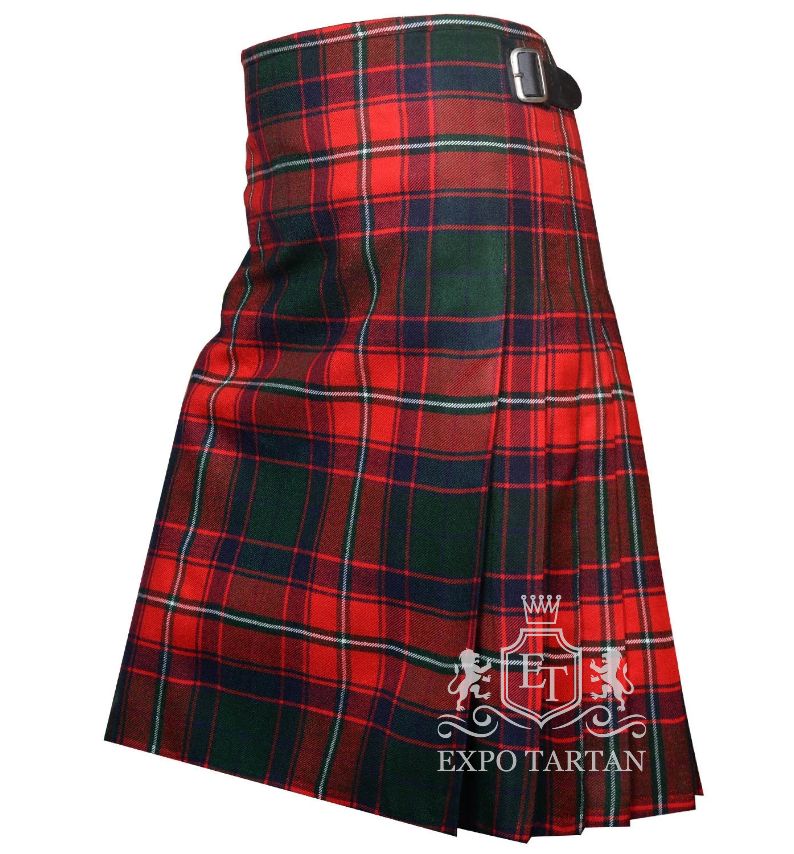 Men's Roxburgh Red Tartan Kilt showing traditional knife pleats and black leather side straps in a vibrant red sett, intricately intersected by forest green blocks and crisp white overcheck