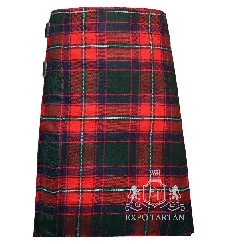 Men's Roxburgh Red Tartan Kilt showing traditional knife pleats and black leather side straps in a vibrant red sett, intricately intersected by forest green blocks and crisp white overcheck