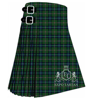 Men's Royal British Legion Tartan Kilt showing traditional knife pleats in a dark green sett, intersected by navy bands and a symbolic black overcheck