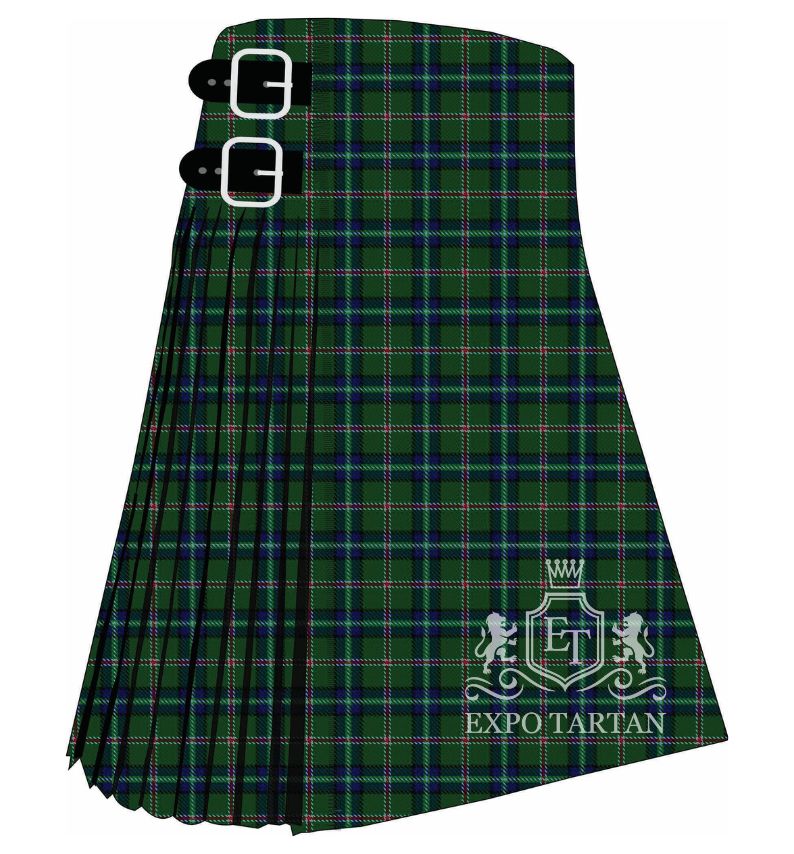 Men's Royal British Legion Tartan Kilt showing traditional knife pleats in a dark green sett, intersected by navy bands and a symbolic black overcheck