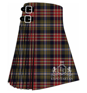 Men's Royal Lyceum Theatre Tartan Kilt showing traditional knife pleats in a deep navy sett, intersected by thick red bands and fine light blue and gold lines