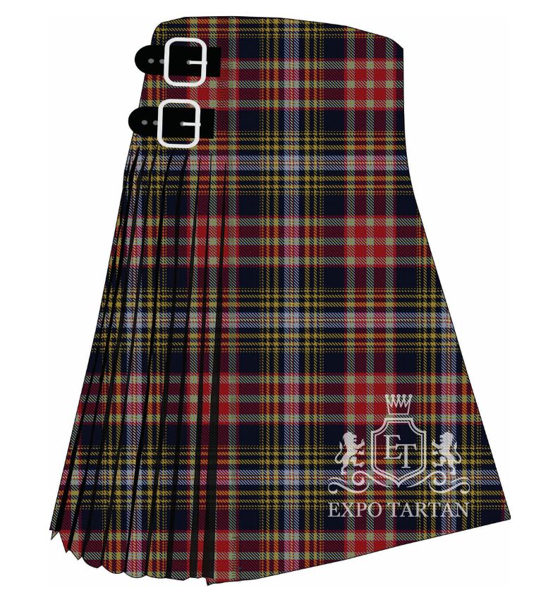 Men's Royal Lyceum Theatre Tartan Kilt showing traditional knife pleats in a deep navy sett, intersected by thick red bands and fine light blue and gold lines